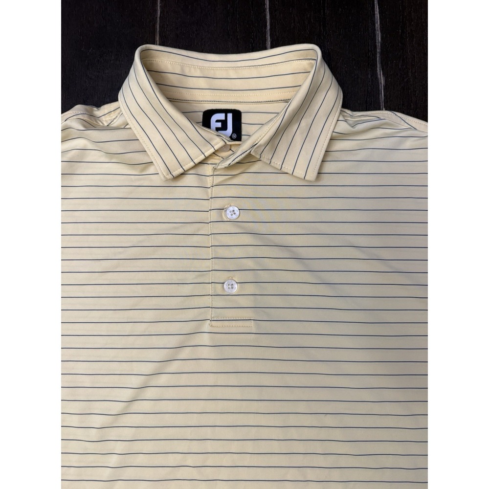 FootJoy Golf Polo Mens M Yellow Blue Stripe Performance FJ Logo Stretch